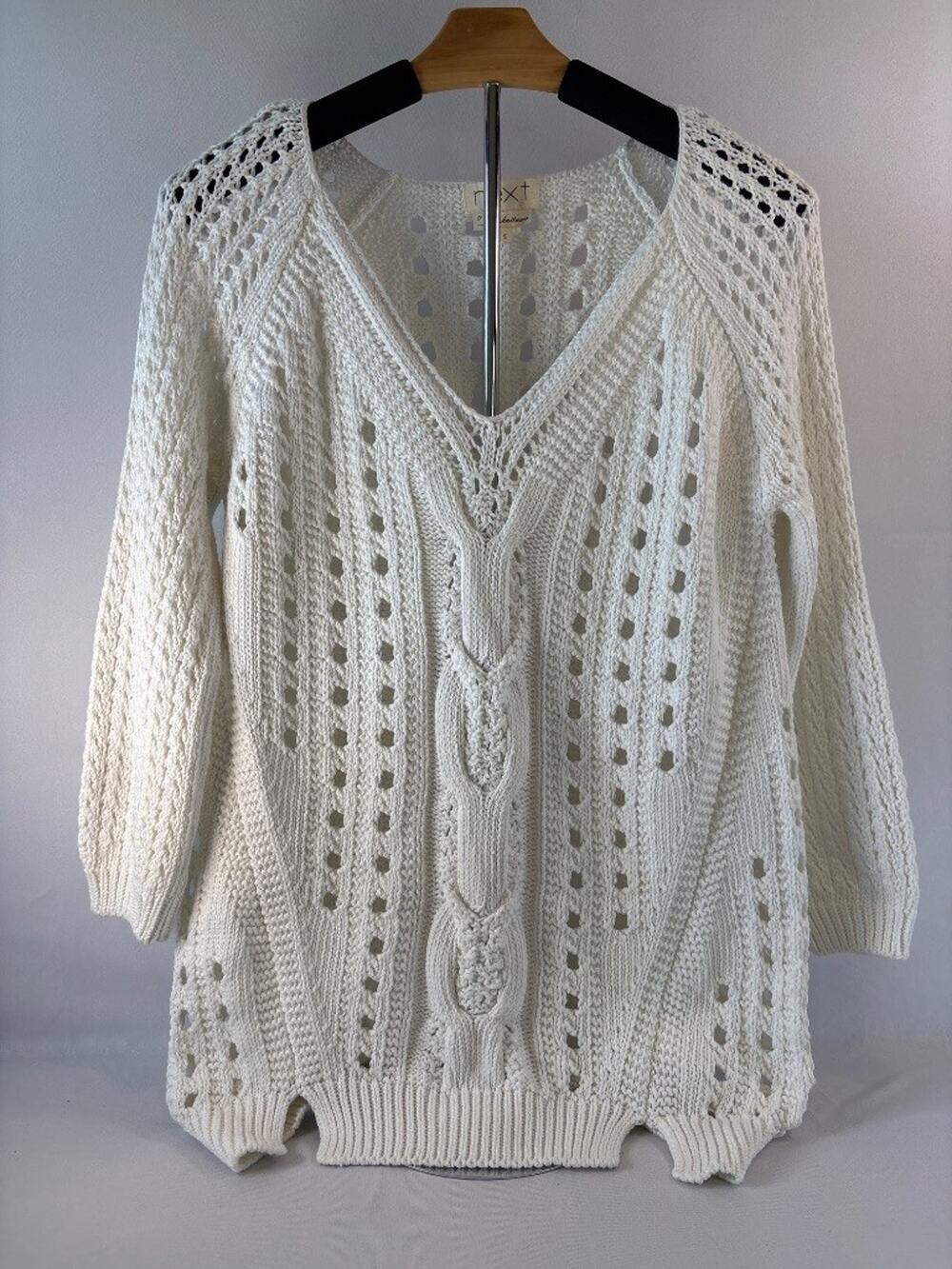 Next Loves Knitwear White Open Knit Cable V-Neck Pullover Sweater Size S